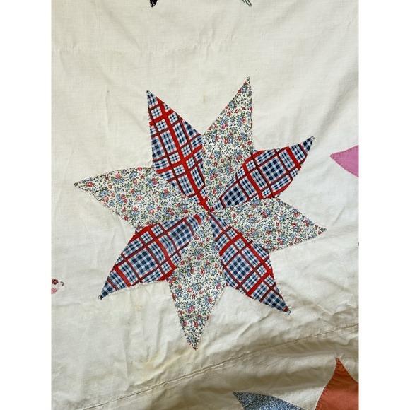 Vintage Hand-Stitched Lemoyne Star Summer Quilt Coverlet 8 Point  73" X 67" - Picture 9 of 16